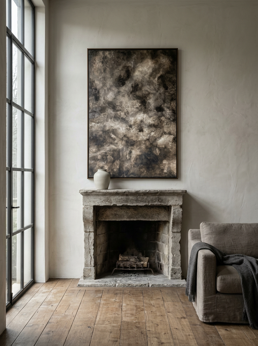 Storm Atlas, an original textured painting by Taylor Williams, hung above a stone fireplace